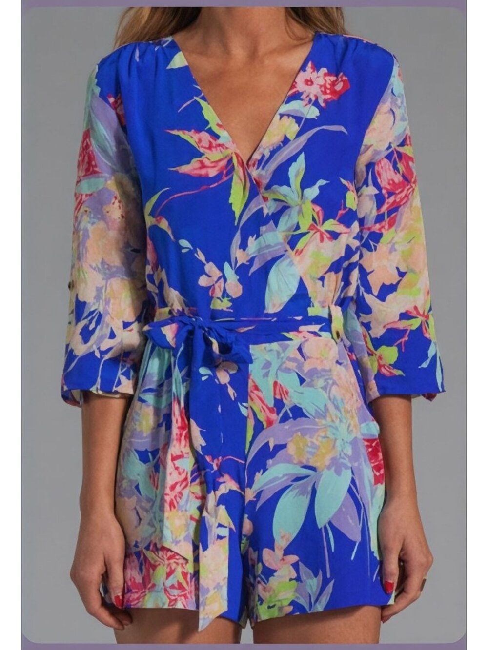 Yumi Kim Liz Floral Romper Jumpsuit Blue XS Belted V Neck